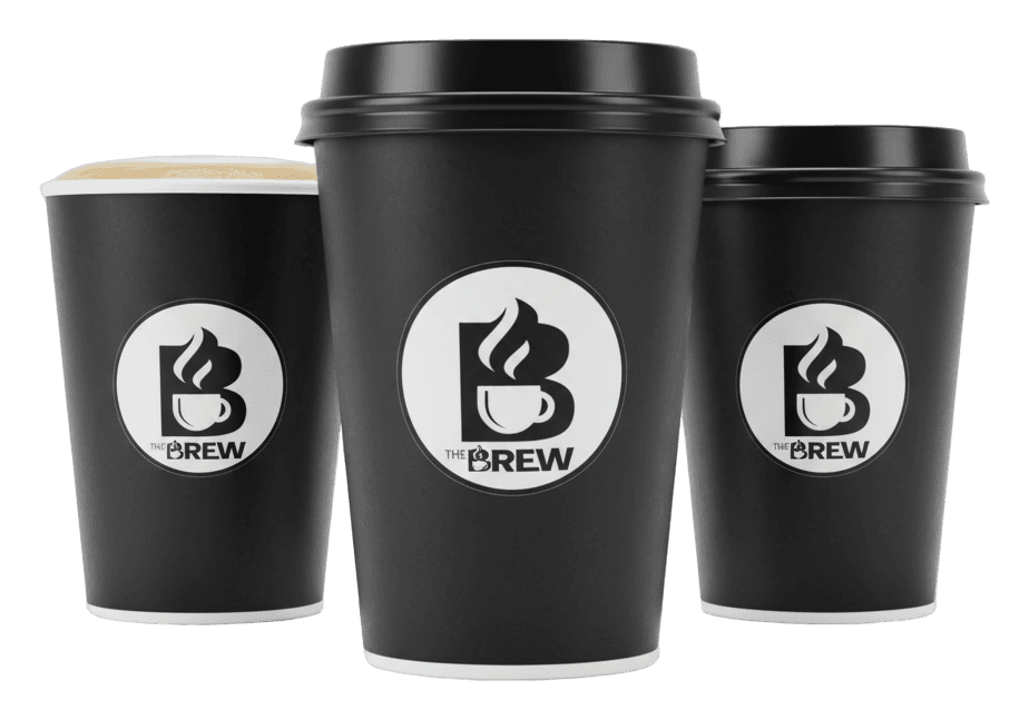 Three hot coffees in black cups and mugs with The Brew logo