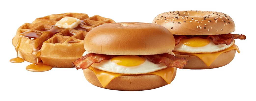 A waffle, a breakfast sandwich and a bagel sandwich