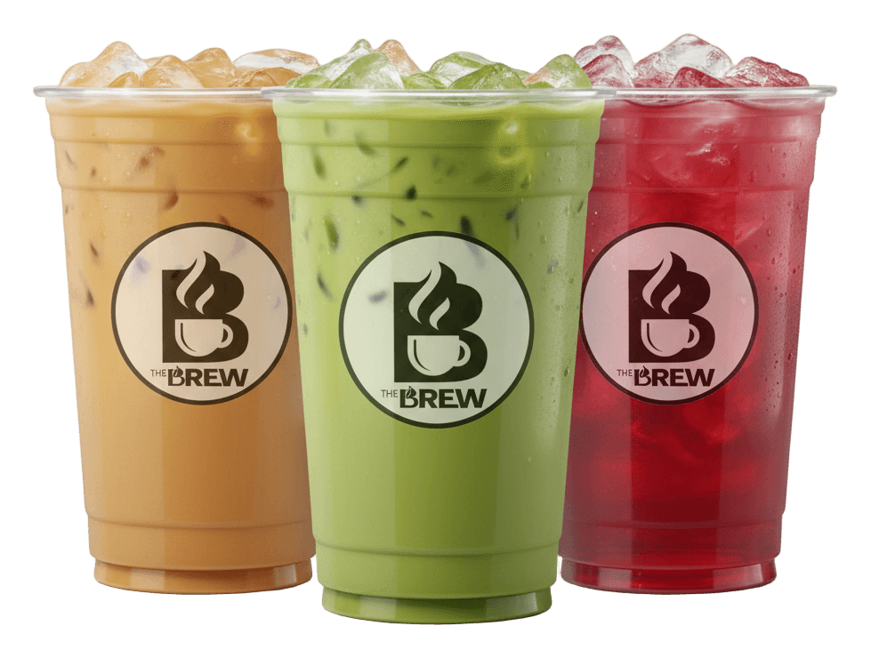 Three tea drinks in clear cups with The Brew logo