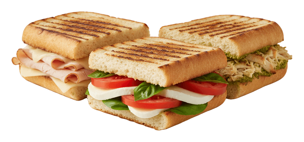 Three grilled panini sandwiches cut in half