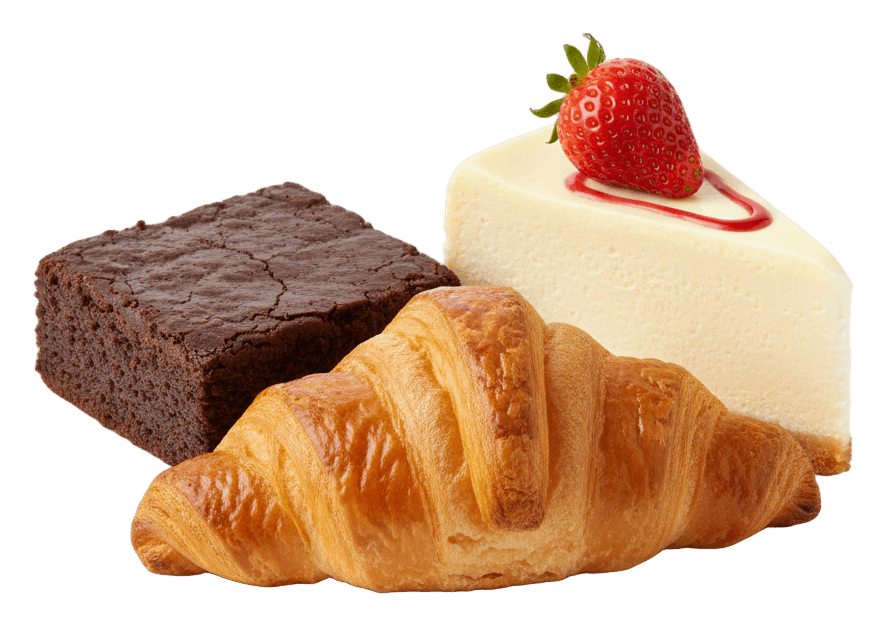 A brownie, a croissant and a slice of cheesecake