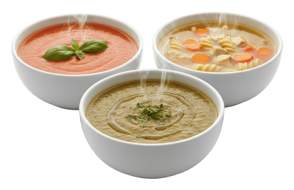 Three bowls of soup: tomato basil, lentil and chicken noodle