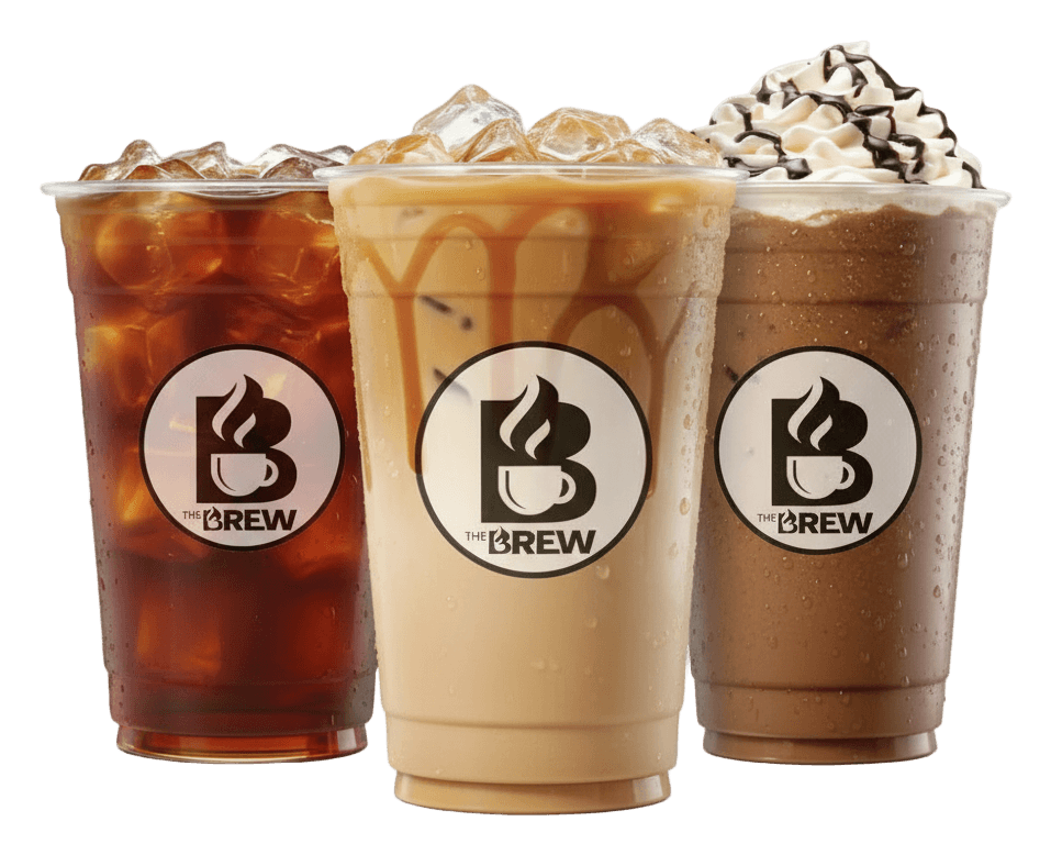 Three iced coffees in clear cups with The Brew logo