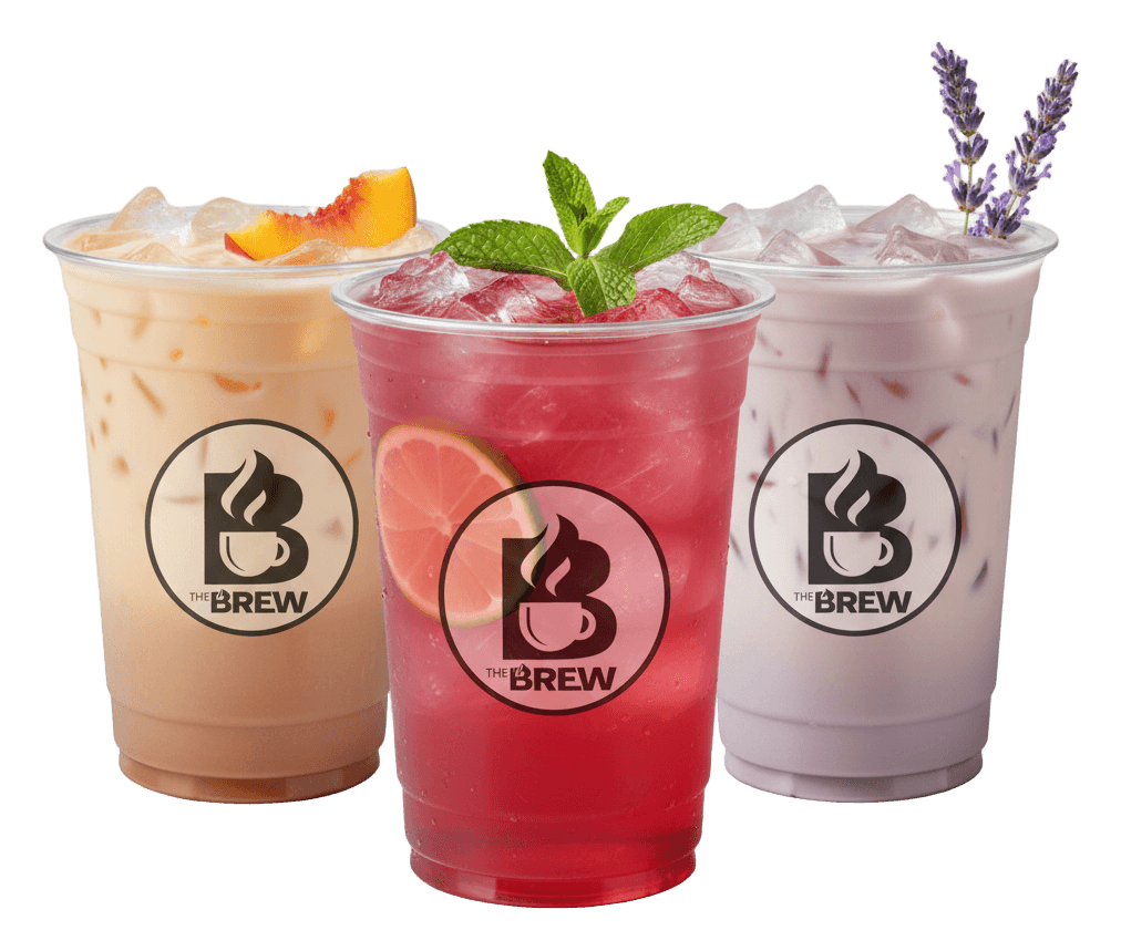 Three signature drinks in clear cups with The Brew logo