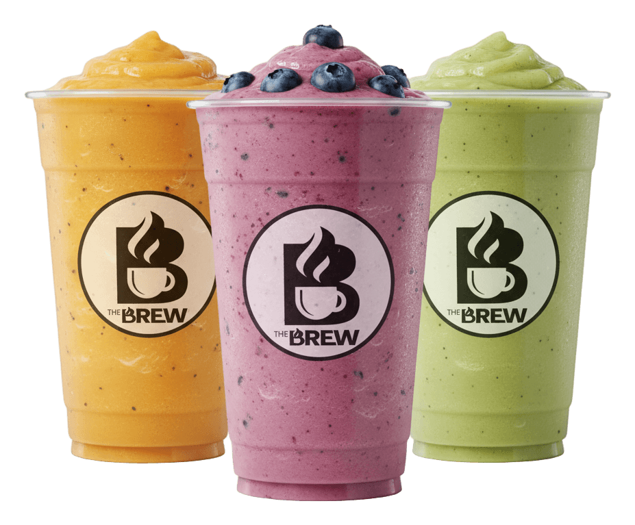 Three smoothies in clear cups with The Brew logo