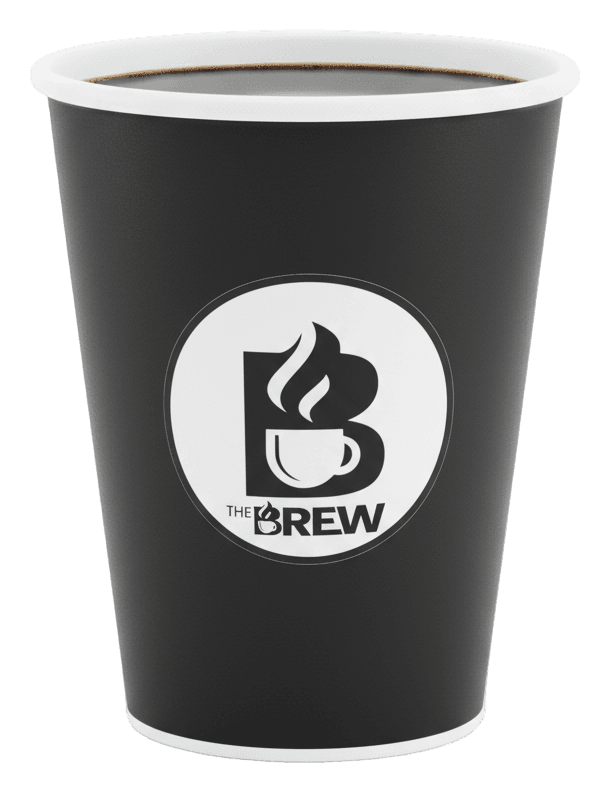 Hot black coffee in a paper cup with The Brew logo
